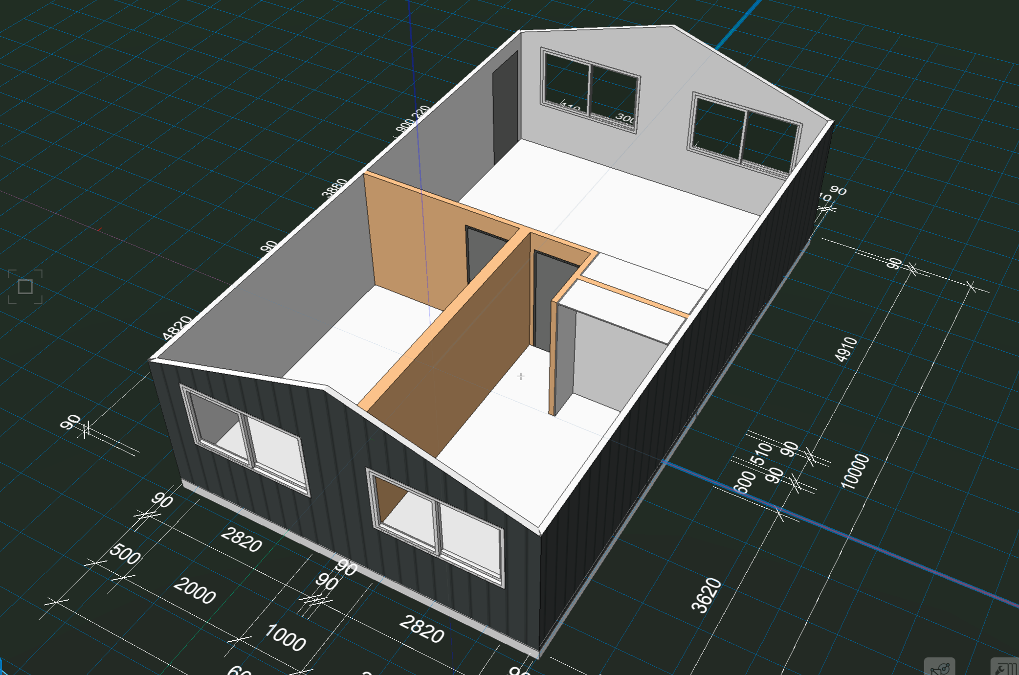 A 3D architectural floor plan of a house, showing walls, windows, and door placements on a grid with measurements. 1 bedroom dwelling, granny flat, office, 2 bedroom dwelling, accommodation, AirBNB, cabin