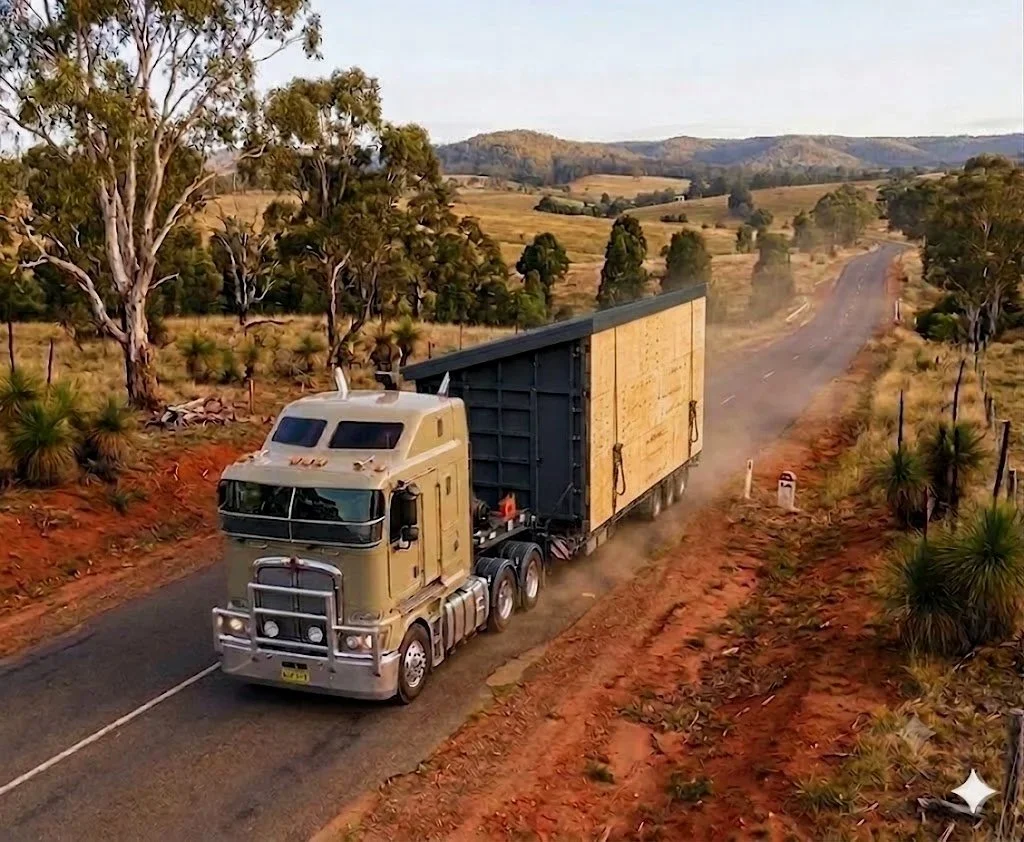 A semi-truck driving on a rural road in a countryside landscape with trees and rolling hills.
