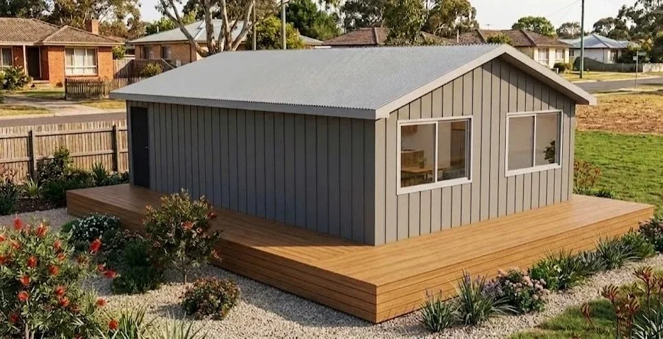 A small, gray house with vertical siding and a metal roof, situated on a wooden deck in a suburban yard with plants and flowers. 1 bedroom dwelling, granny flat, office, 2 bedroom dwelling, accommodation, AirBNB, cabin