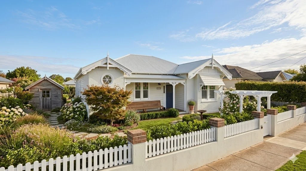 A charming white house with a white picket fence, surrounded by lush greenery and blooming flowers, under a partly cloudy sky.