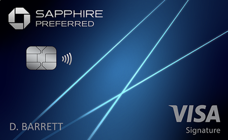A Sapphire Preferred Visa Signature credit card featuring the name D. Barrett, a chip, contactless payment symbol, and a blue geometric background.
