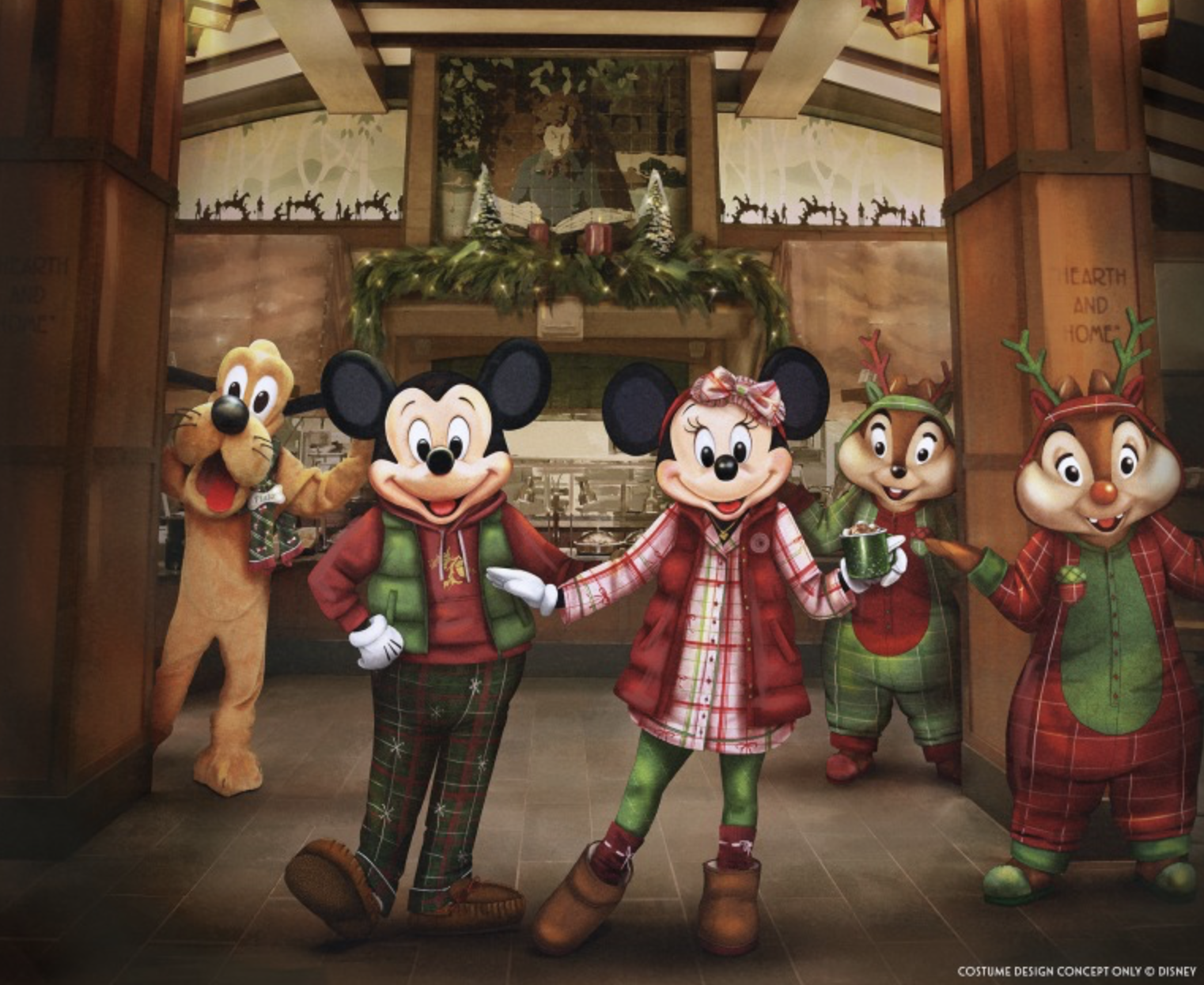 Disney characters Mickey Mouse, Minnie Mouse, Pluto, Chip, and Dale wearing holiday-themed outfits inside a decorated building.