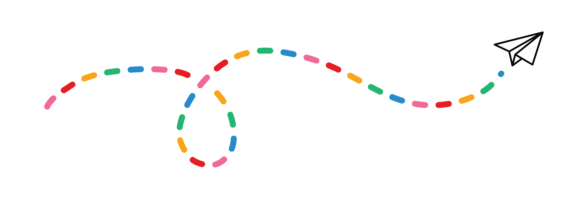 A colorful illustration of a dashed line in rainbow colors forming a wavy path with a black outline paper airplane at the end.