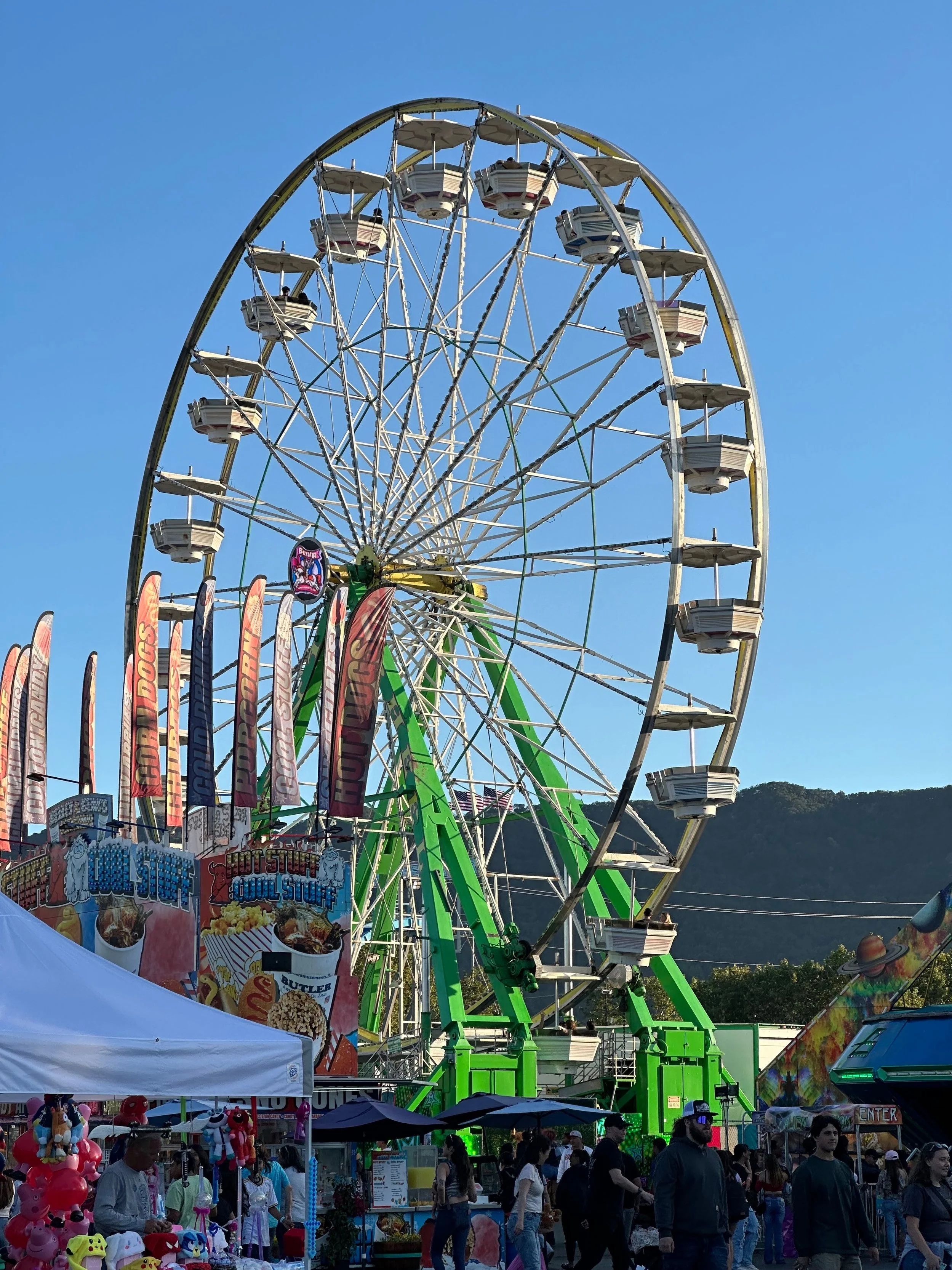 a-large-ferris-wheel-at-the-alameda-county-fair-on-a-clear-evening-with-a-food-stand-and-flags-with-foods-on-the-flags-with-mountains-in-the-background