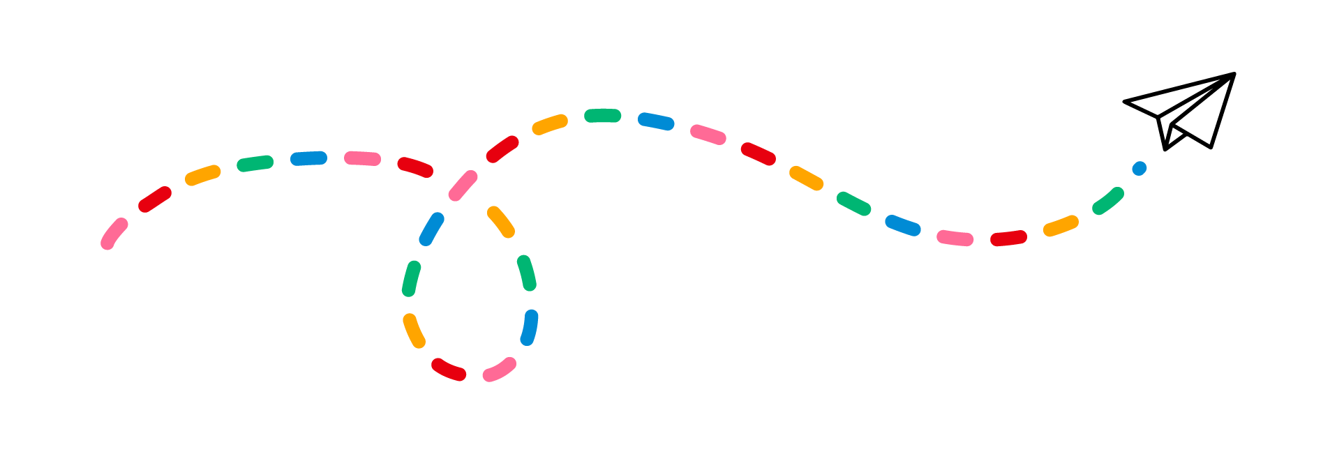 Illustration of a paper airplane with a multi-colored dashed flight path in the sky.