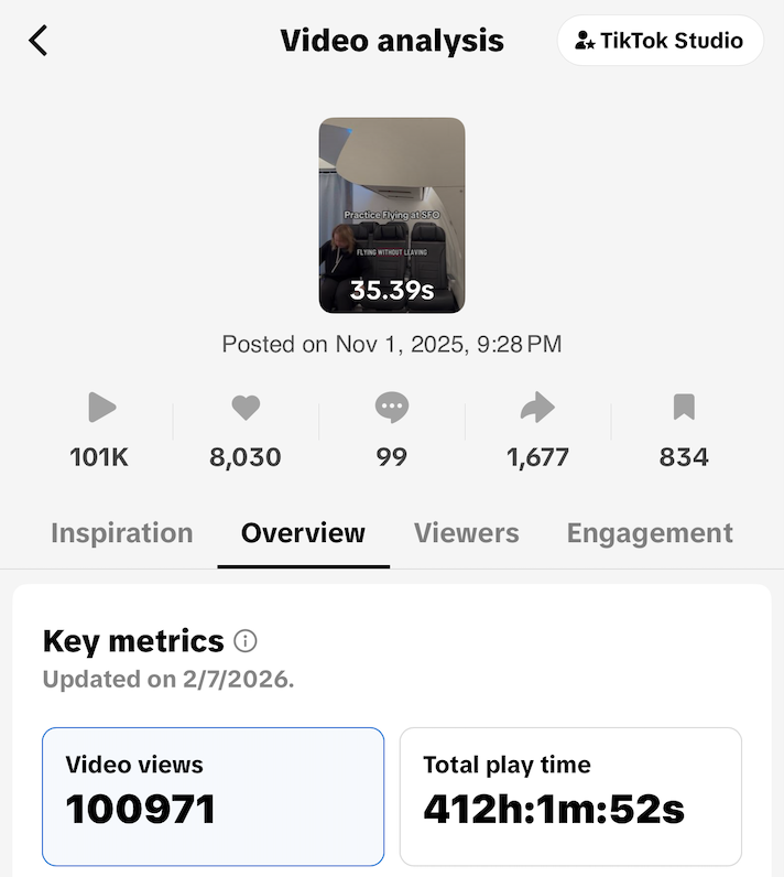 Screenshot of TikTok video analysis page showing video views, play time, and engagement statistics.