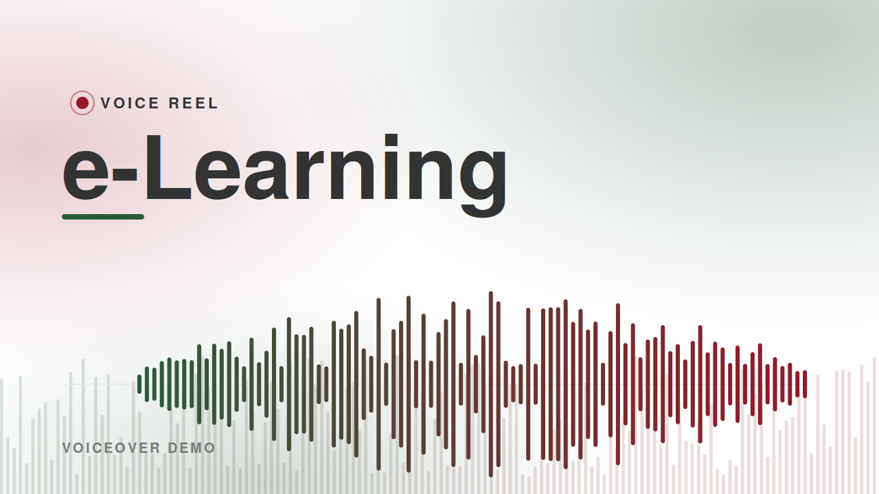 Cover page of a voice reel demo titled 'e-Learning' with a colorful soundwave graphic in the background.