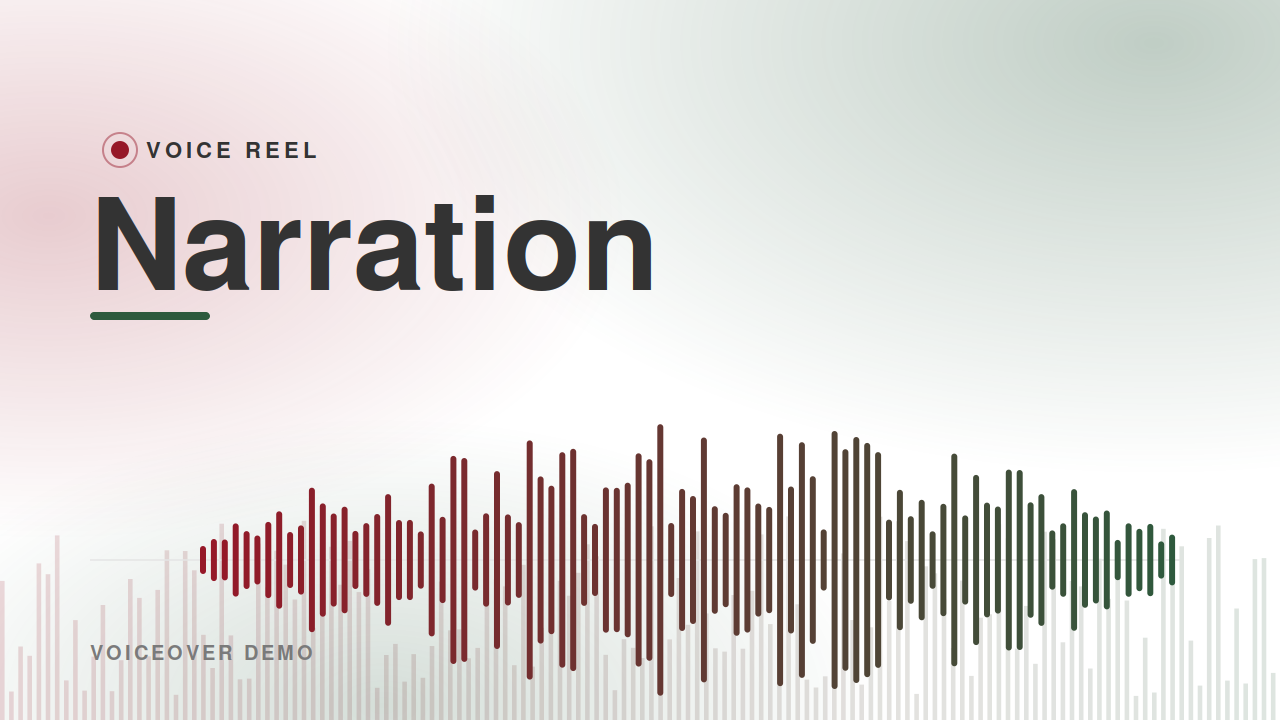 Design for a voice reel titled 'Narration' with a colorful sound wave graphic and subtitle 'Voiceover Demo'.
