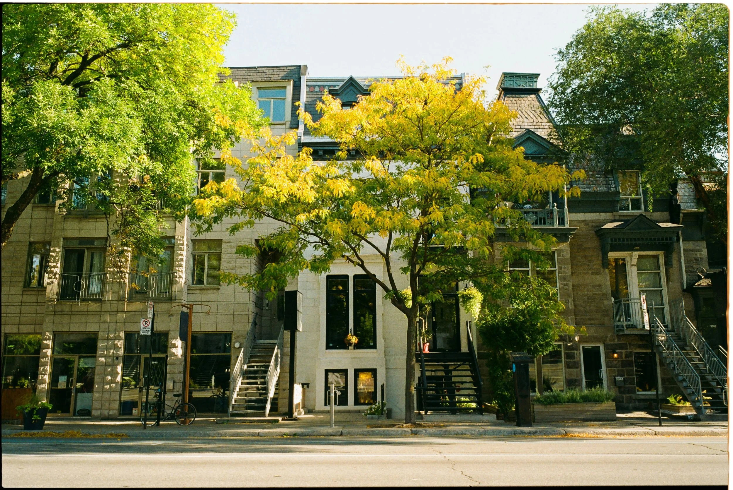 Residential building with trees in front, bicycles parked on sidewalk, and a street view in an urban area.