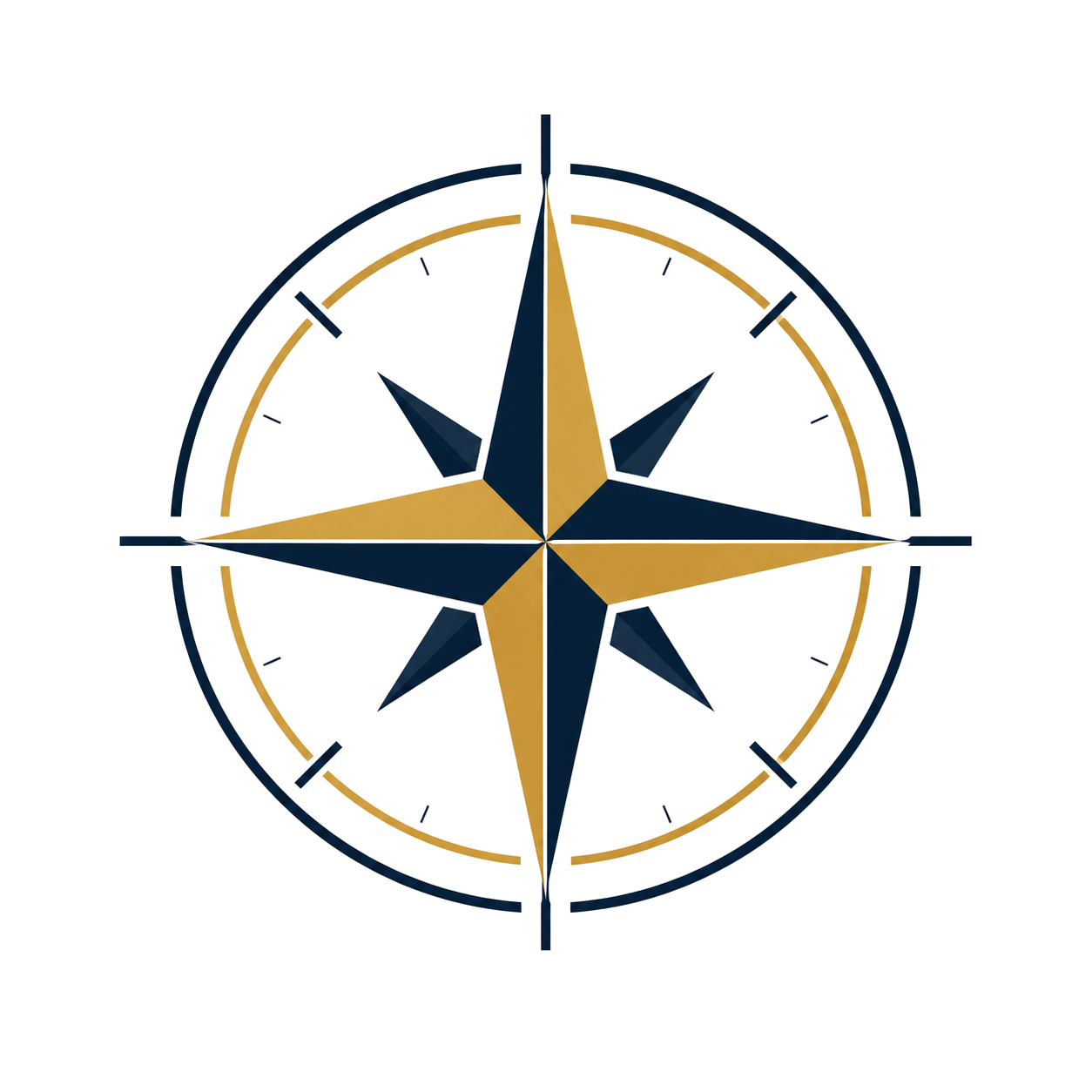 Navy and gold compass rose icon with a circular outline, symbolizing direction, strategy, navigation, precision, and purposeful leadership.
