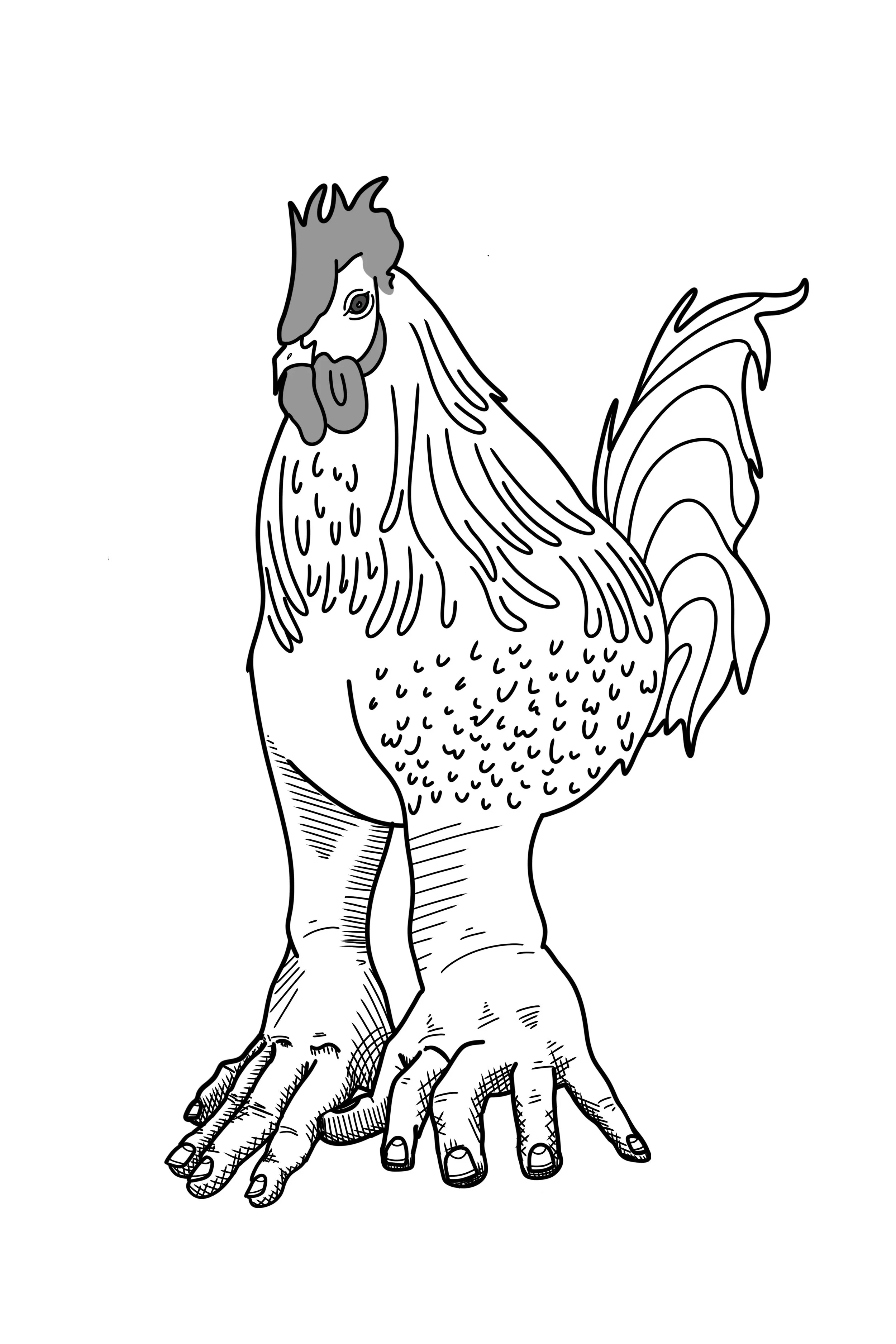 Black and white illustration of a rooster with a human-like body, long human legs, and hands resting on the ground, emphasizing a surreal art style.