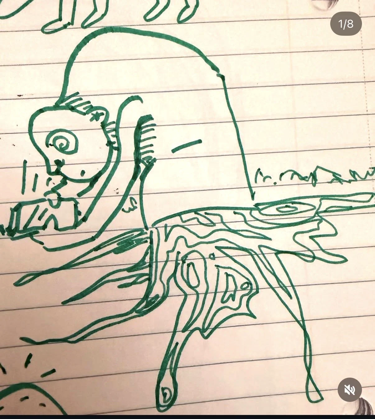 A green ink sketch of a person with curly hair wearing glasses, holding a smartphone, and standing next to a large mushroom with a leafy base, all drawn on lined notebook paper.