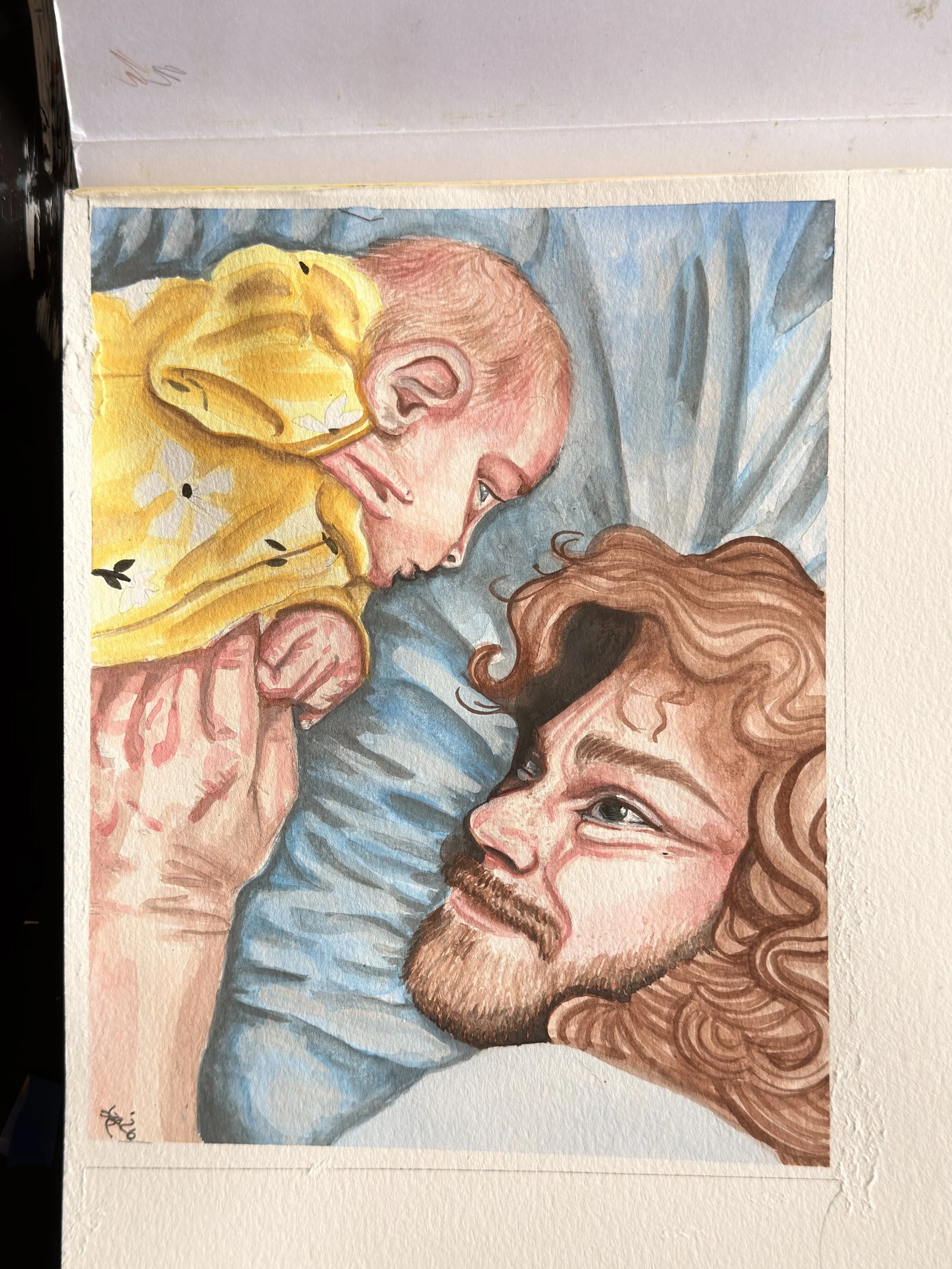Watercolor painting of two people sleeping, one with red hair and beard, and the other with blond hair, wearing a yellow shirt.