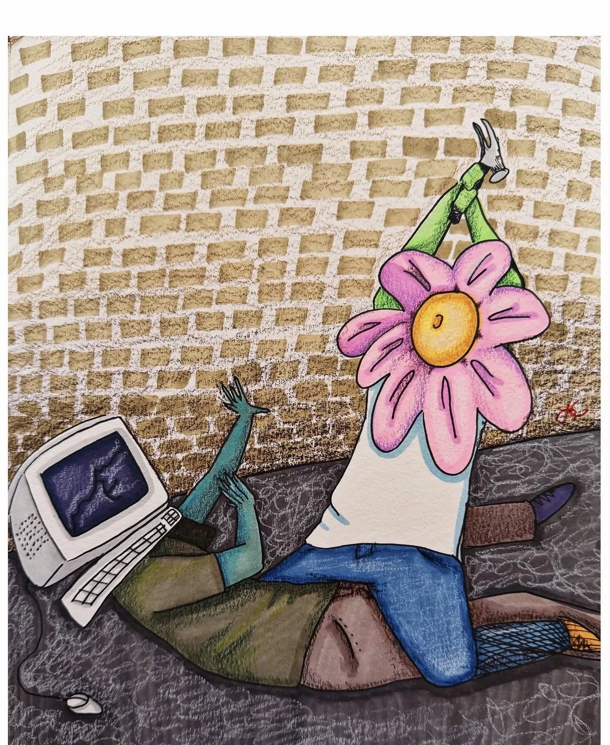 Colorful street art graffiti of a character with a computer as its head and a large pink flower for a head, sitting on the ground with a brick wall in the background.