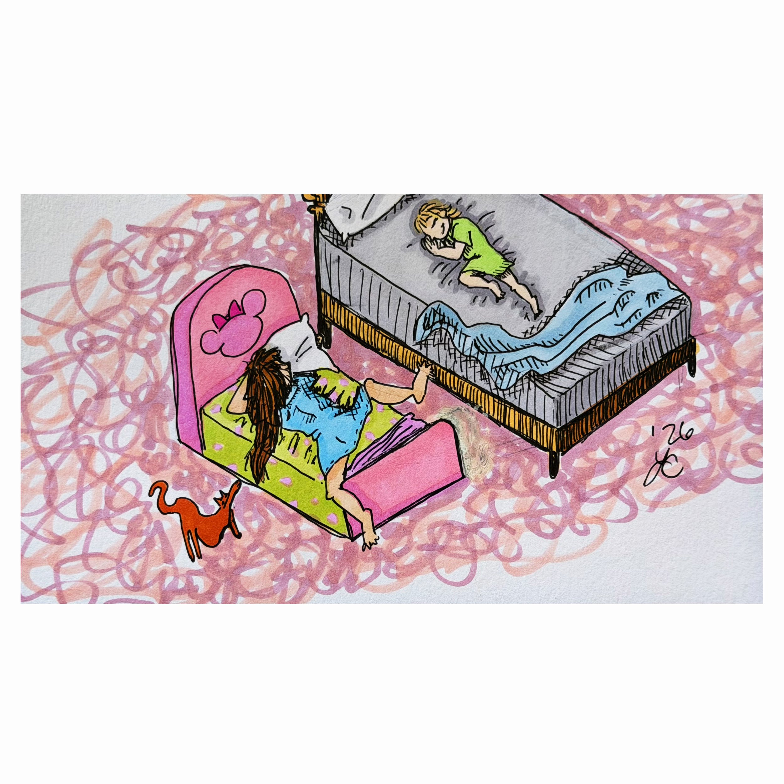 Drawing of a child asleep in bed with a pink pillow and blanket, a girl sitting on the floor next to the bed, a small orange cat, and pink tangled lines in the background.