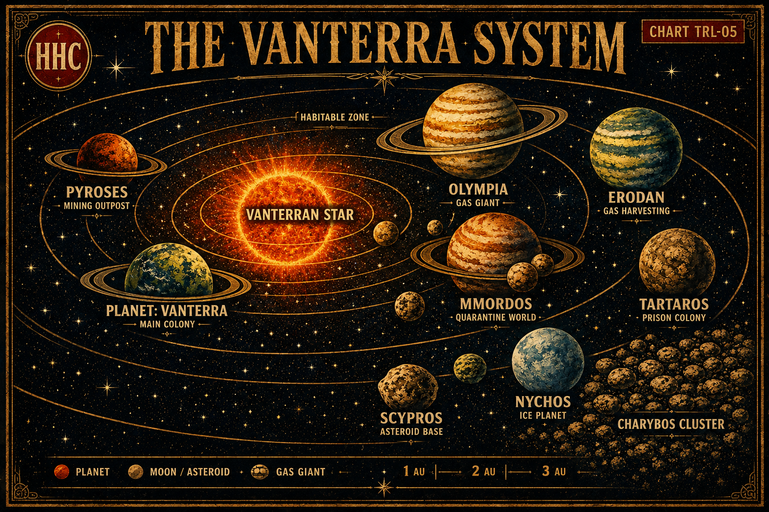 A futuristic map of the Vanterra System with planets, moons, and asteroids labeled, including the Vanerran star at the center, and the star map shows the orbits of planets and moons.