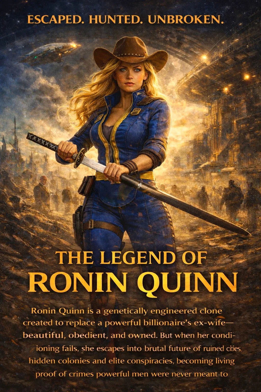 Promotional poster for the movie "The Legend of Ronin Quinn" featuring a woman with long blonde hair wearing a blue jumpsuit, cowboy hat, and holding a katana sword. The background depicts a futuristic, dystopian cityscape with flying ships and ruined buildings, with the tagline "Escaped. Hunted. Unbroken." at the top.