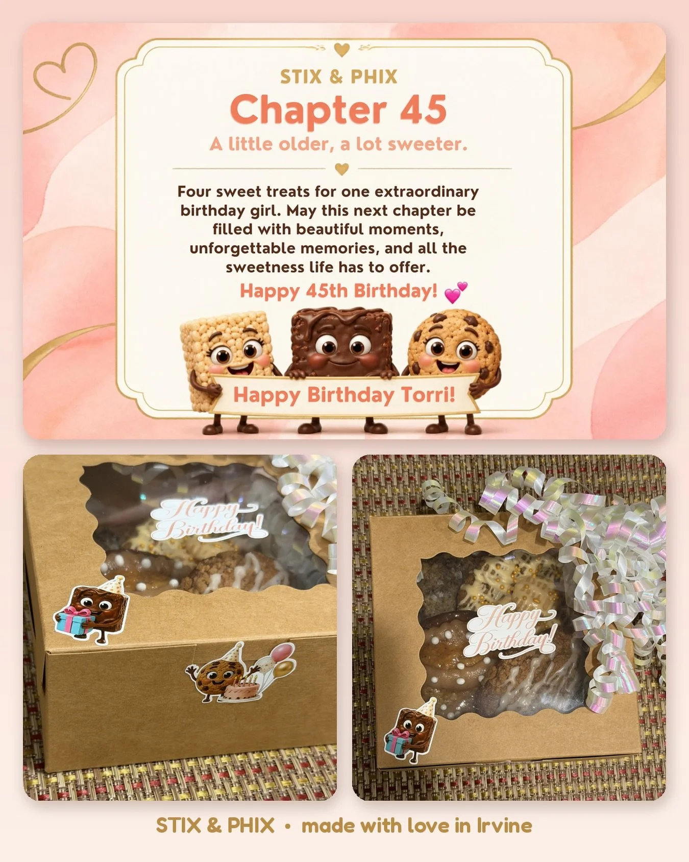 Chapter 45, a little older and a lot sweeter 💕 One of my favorite kinds of orders: a daughter celebrating her mom with a custom birthday box. Four handmade treats, custom stickers, and a personalized card for the birthday queen. Happy birthday, Torr