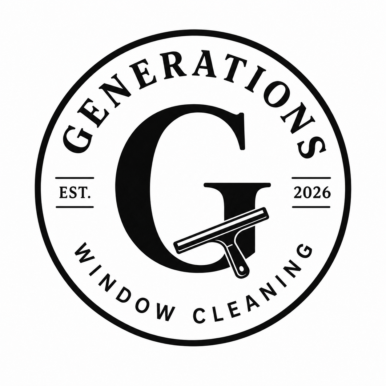 A circular logo for 'Generation S Window Cleaning', established in 2026, featuring the letter 'G' and a squeegee graphic.