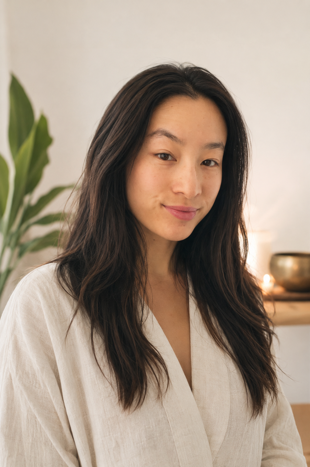 A woman with long dark hair wearing a cream-colored top, standing indoors near a plant and a candle holder.
