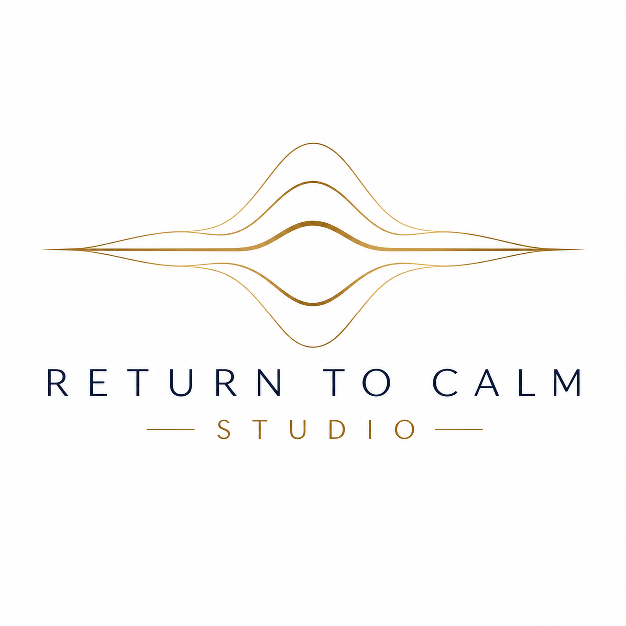 Logo for Return to Calm Studio featuring an abstract sound wave design in gold tones and the text 'RETURN TO CALM' in navy blue and 'STUDIO' in gold.