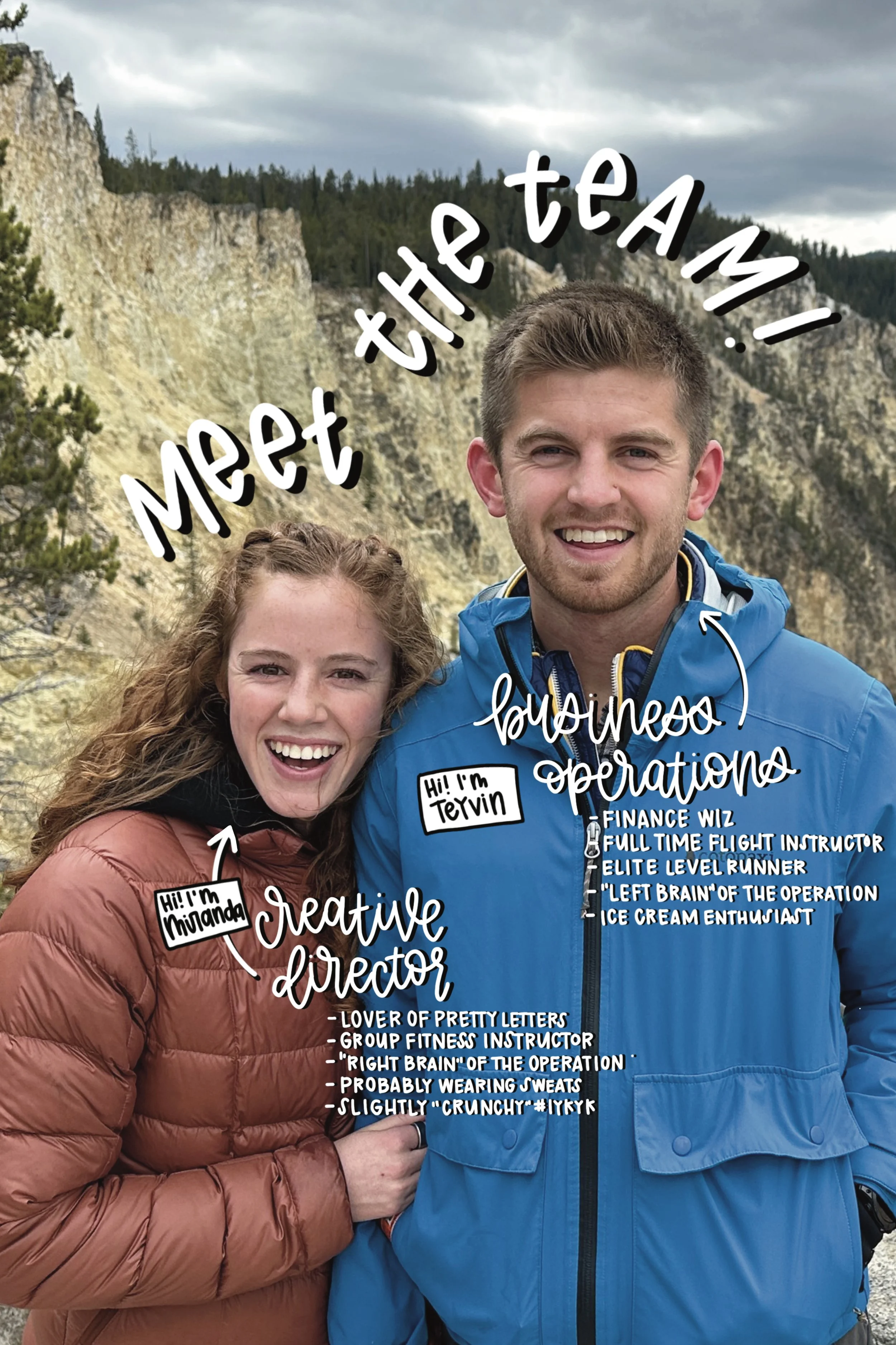 A young man and woman smiling outdoors with a mountainous landscape in the background, overlaid with handwritten-style text and labels describing them.