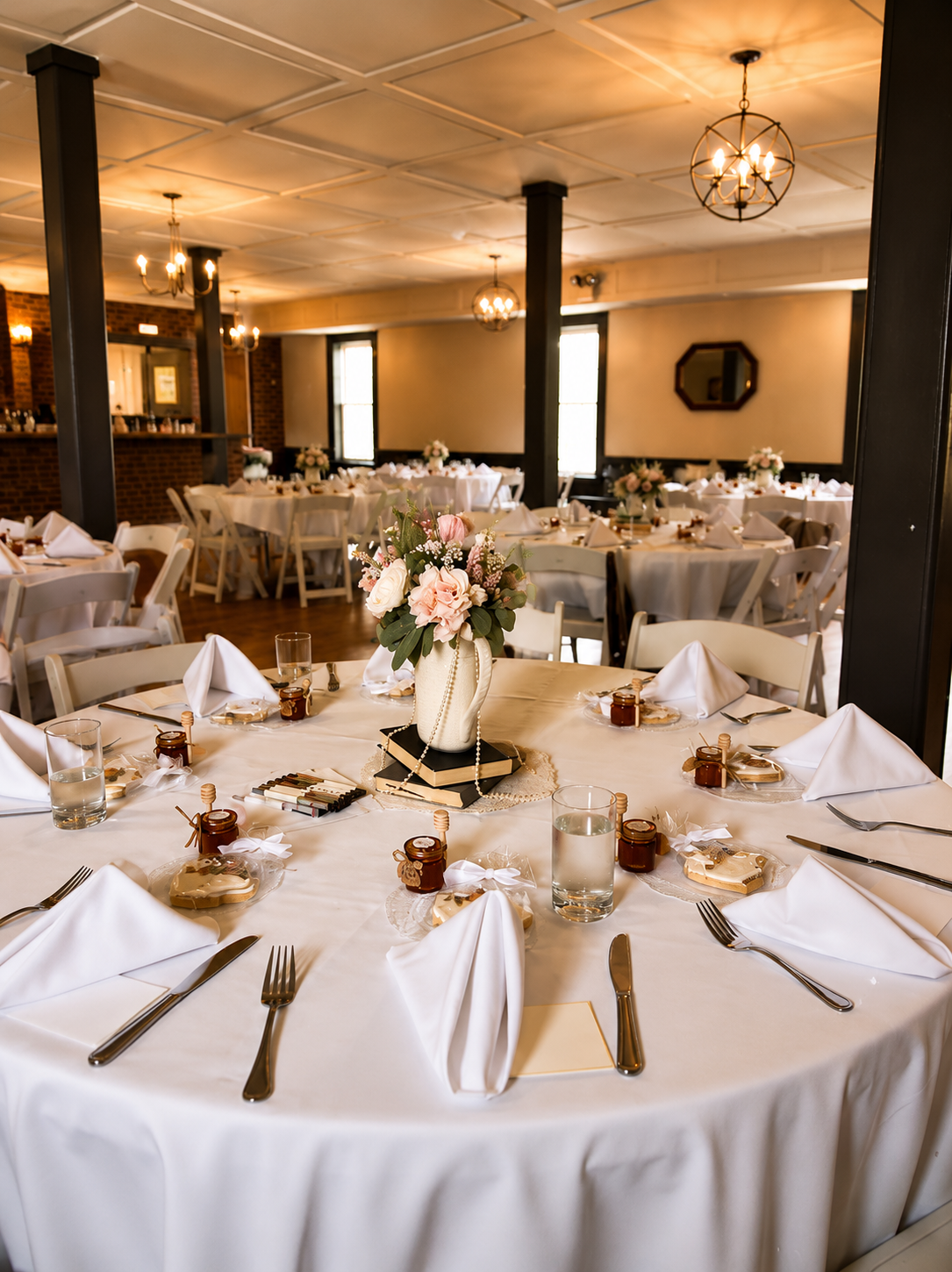 Round wedding reception table with white tablecloth, white chairs, a floral centerpiece with pink and white flowers, and place settings with napkins, utensils, small jars of honey, and cookies. The room features warm lighting, chandeliers, large wind