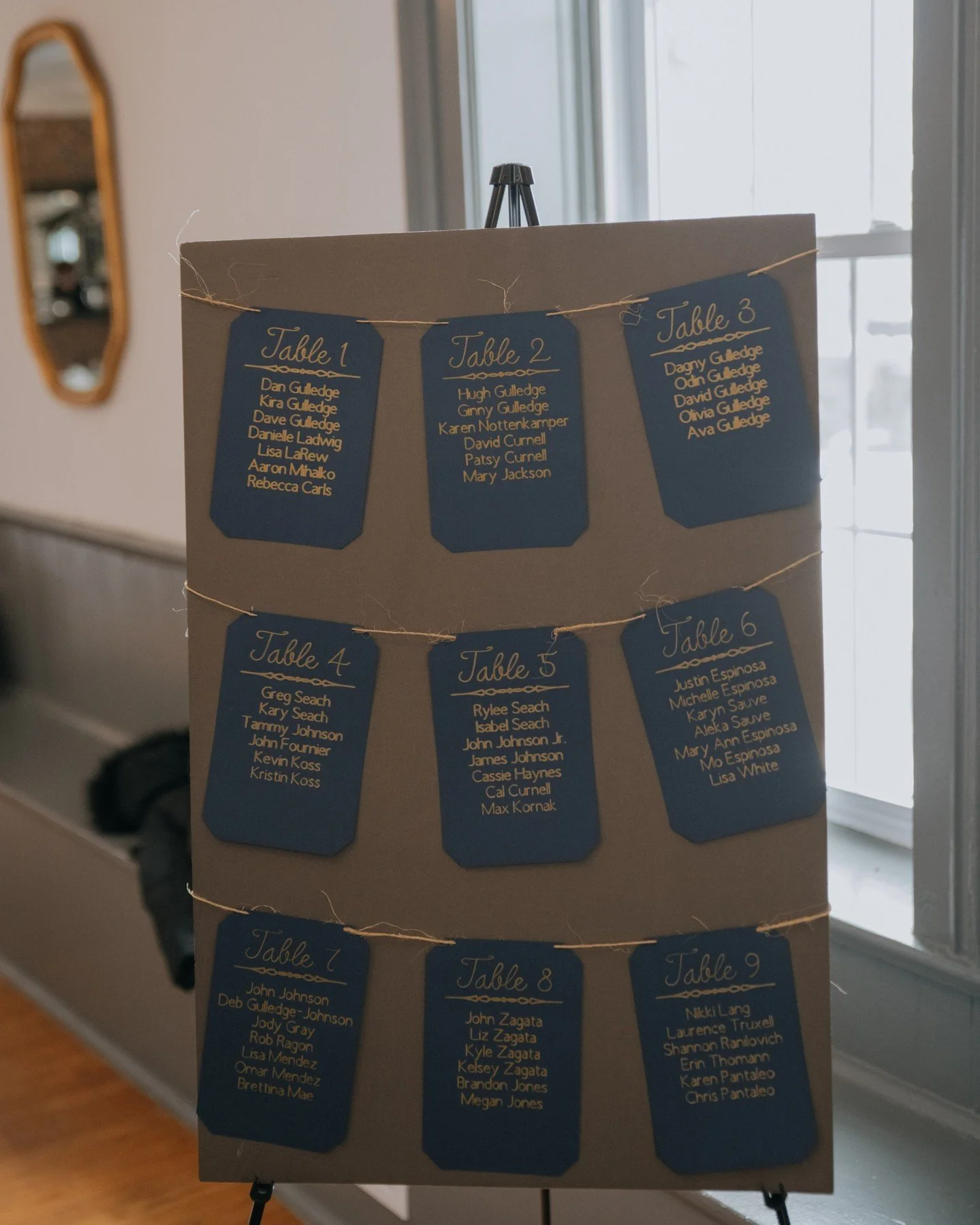 A display board with blue tags attached to twine, each bearing handwritten names of people assigned to different tables at an event. The visible tags list names for Tables 1, 2, 3, 4, 5, 6, 7, 8, and 9, with various names written in gold ink.