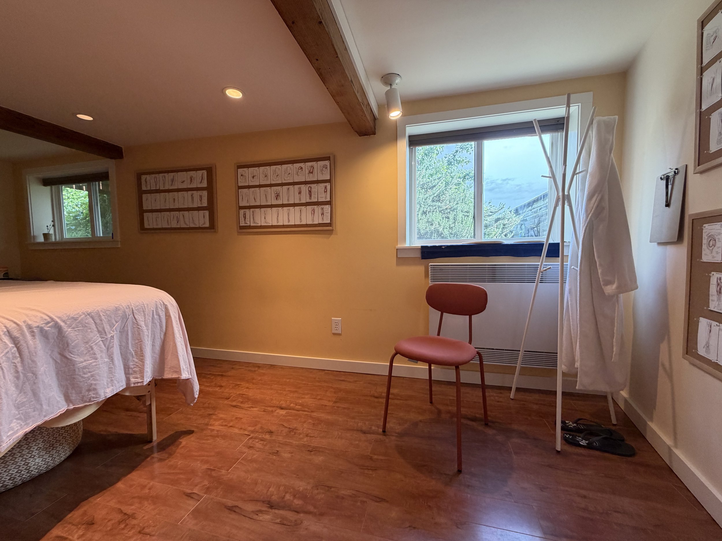 A cozy room with wooden floors, a bed with a white cover, two windows letting in natural light, framed artwork on the walls, an orange chair, and a foldable clothes rack near the window.