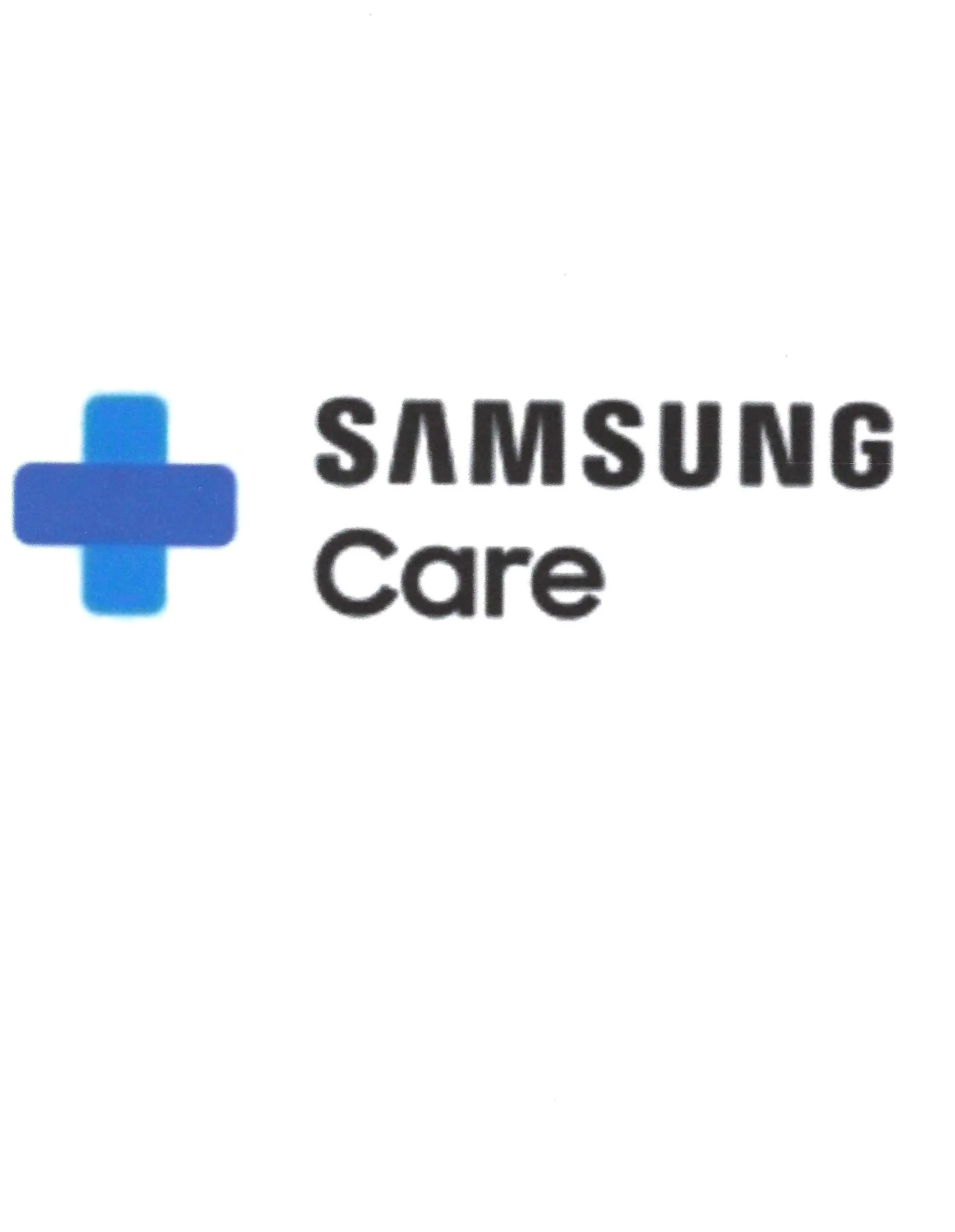 Part of a printed document showing the Samsung Care logo and a blue medical cross icon. Fine Fix by JC service a Samsung authorized service center