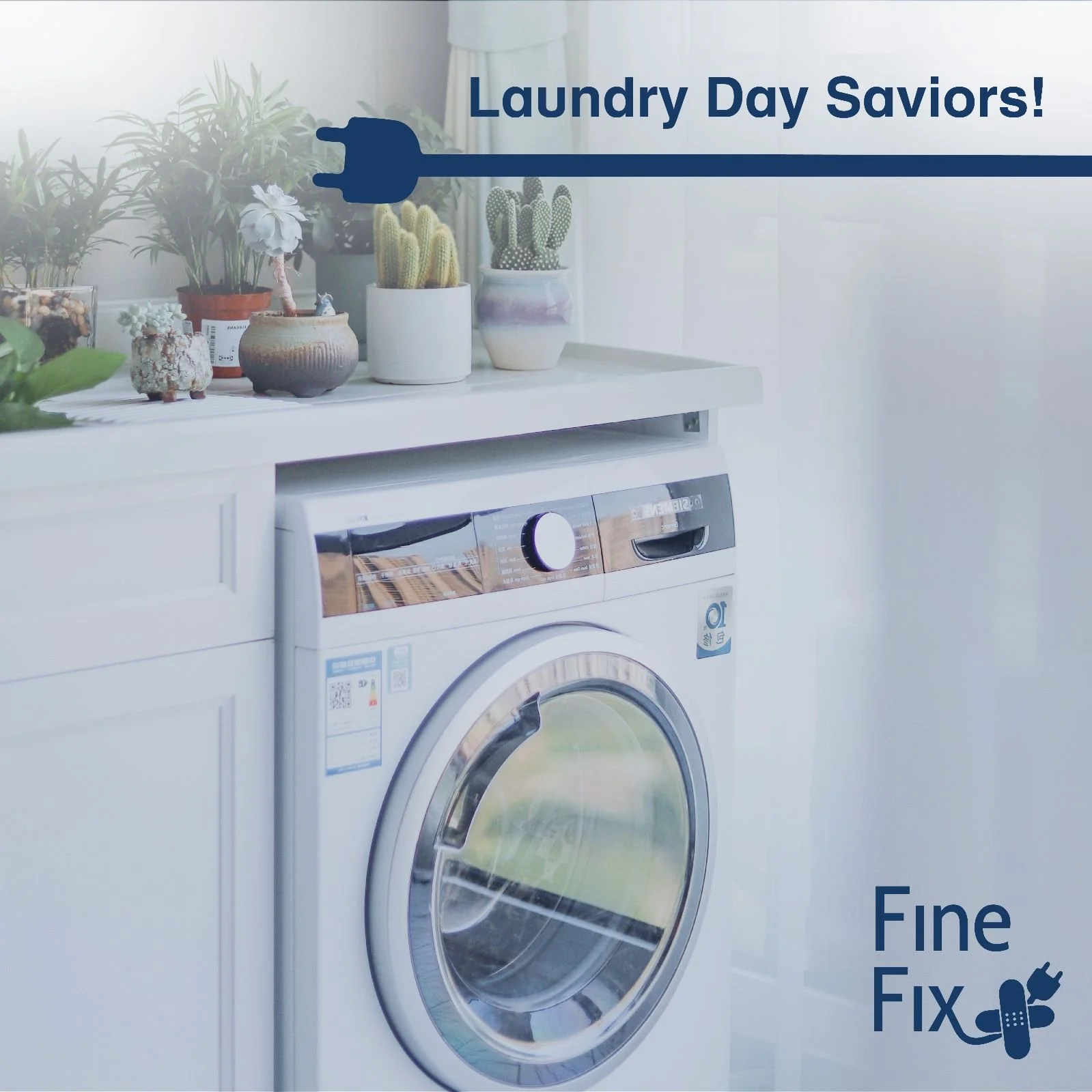 A washing machine with plants on top and the text 'Laundry Day Saviors!', Fine Fix by JC service we love our customers ! 
Samsung authorized service center