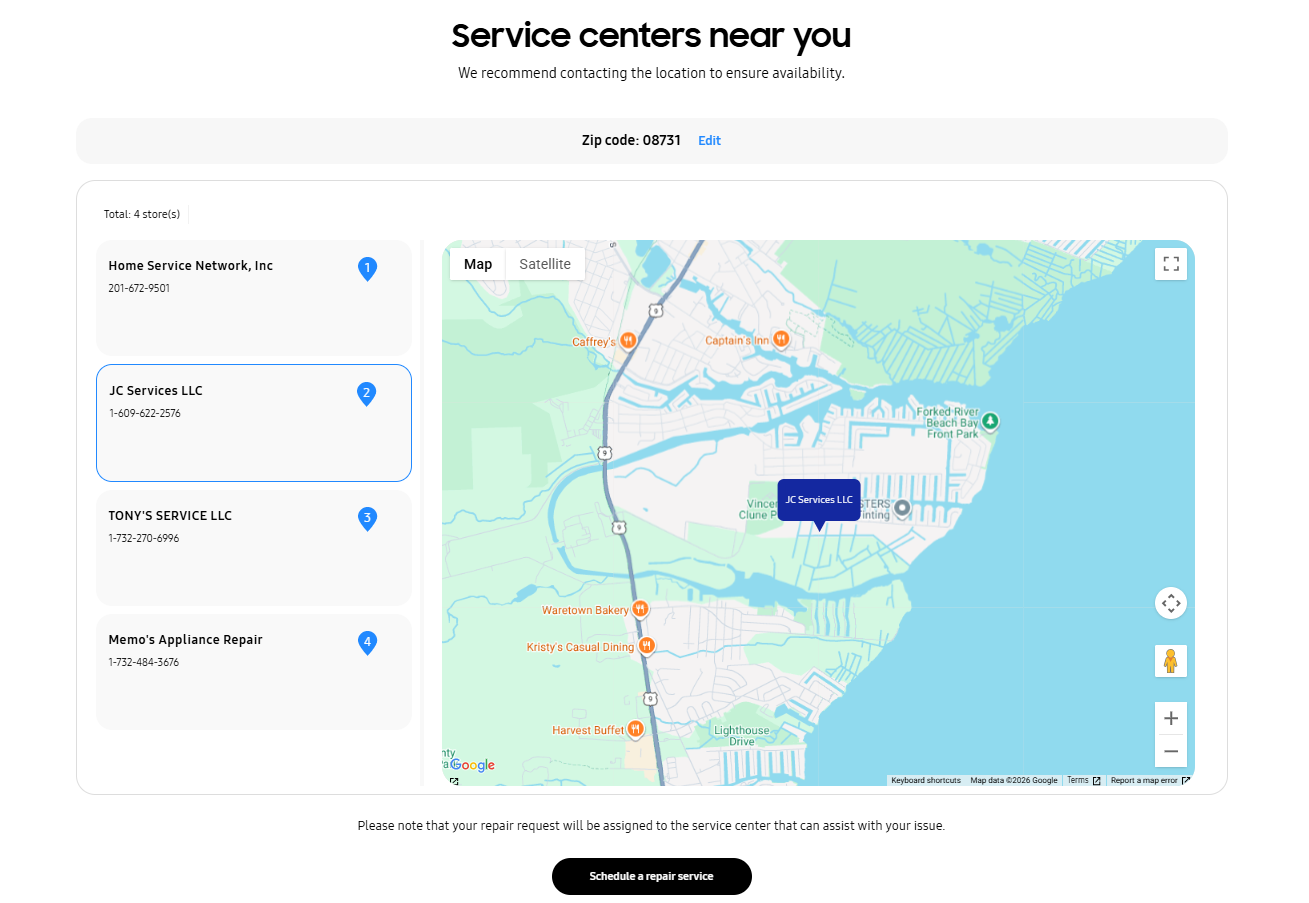 A webpage showing service centers near ZIP code 08731, with a list of four service centers on the left and an interactive map on the right. The map highlights Fine Fix by JC Services LLC, located near the coast.
Samsung authorized service center