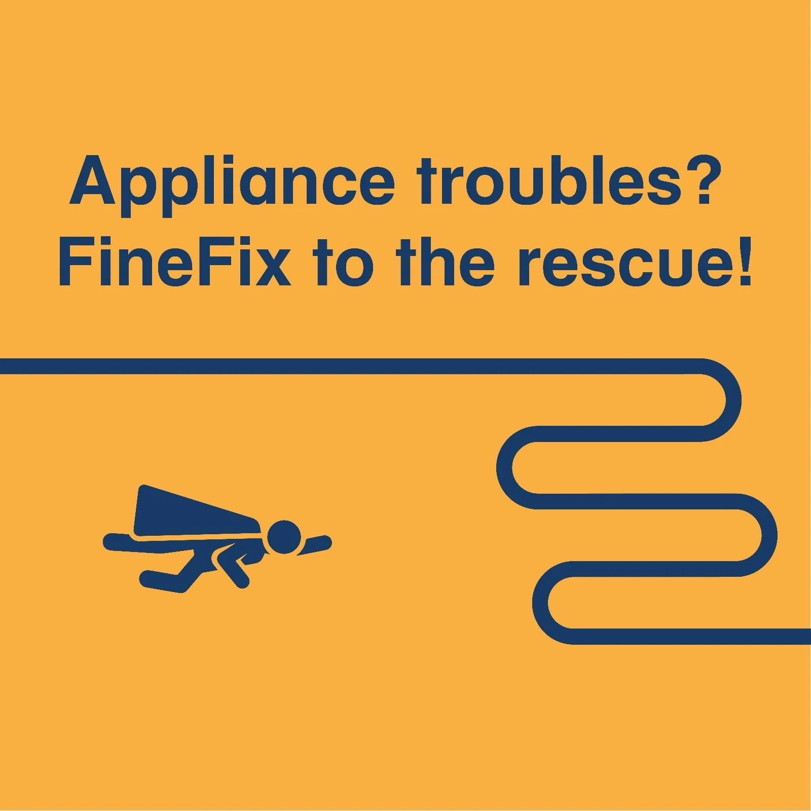 Illustration of a person crawling under an appliance with a winding pipe, and text that reads, "Appliance troubles? Fine Fix by JC service to the rescue!" samsung authorized service center