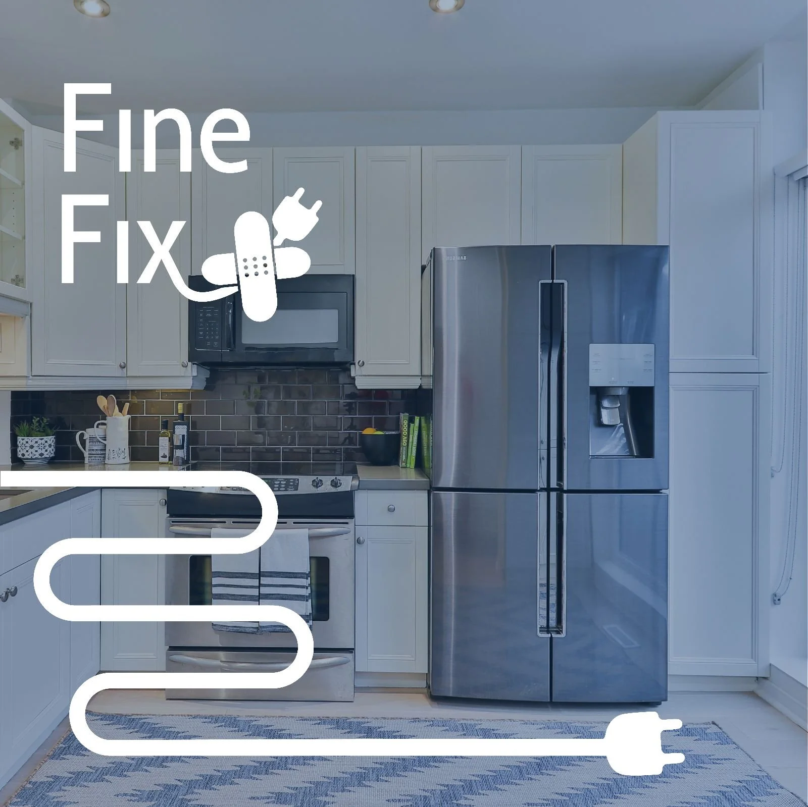 Modern kitchen with white cabinets, stainless steel refrigerator, microwave, stove, and decorative items on the counter. Fine Fix by JC service is her to help ! samsung authorized service center