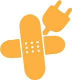 A cartoon illustration of a crossed bandage with an electrical plug and outlet. Fine fix by JC service, samsung authorized service center