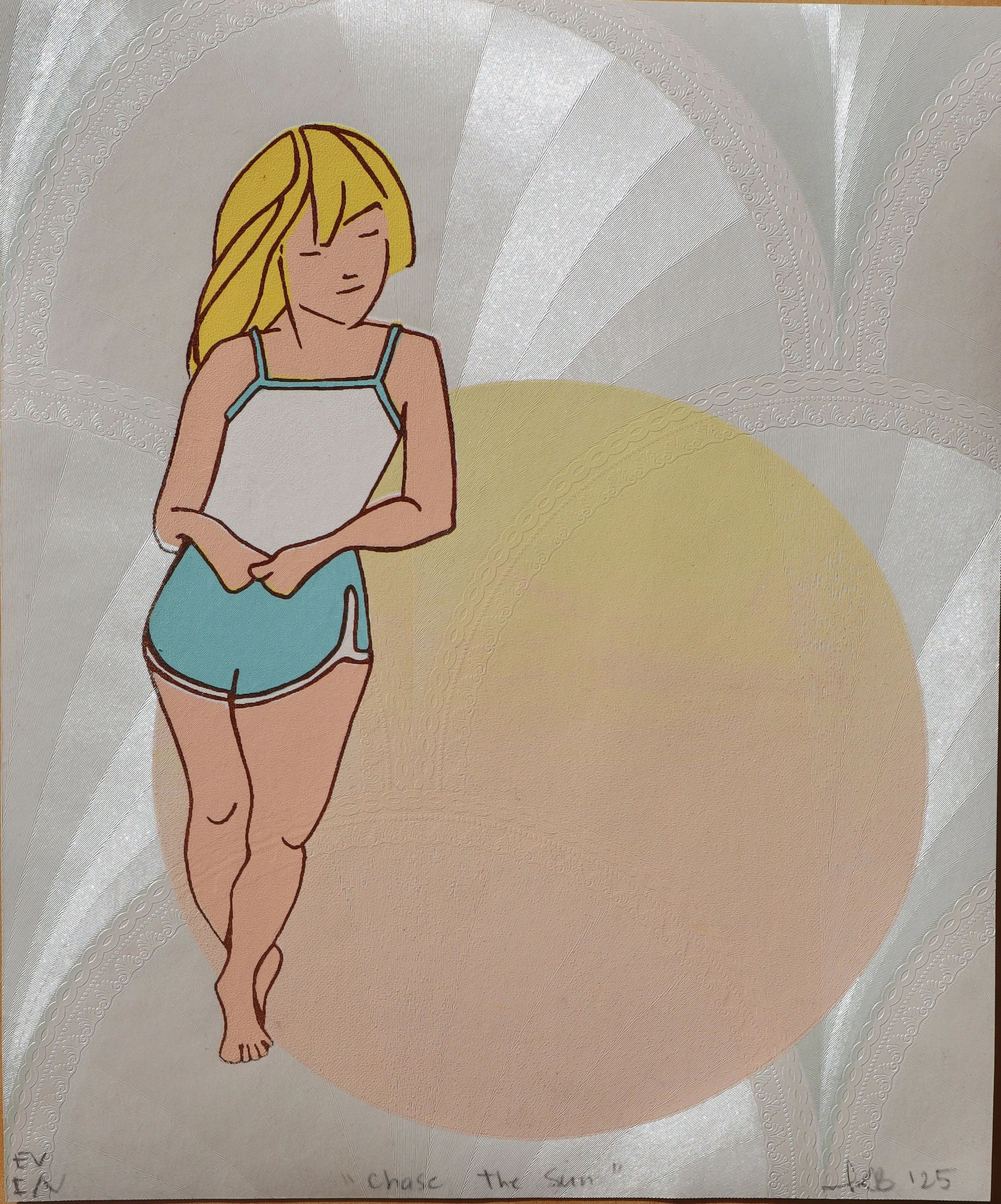 "Chase the Sun "  (Arches) 2025 
Silk Screen Print on wallpaper 
21 x 25 cm
Edition Variation of 5