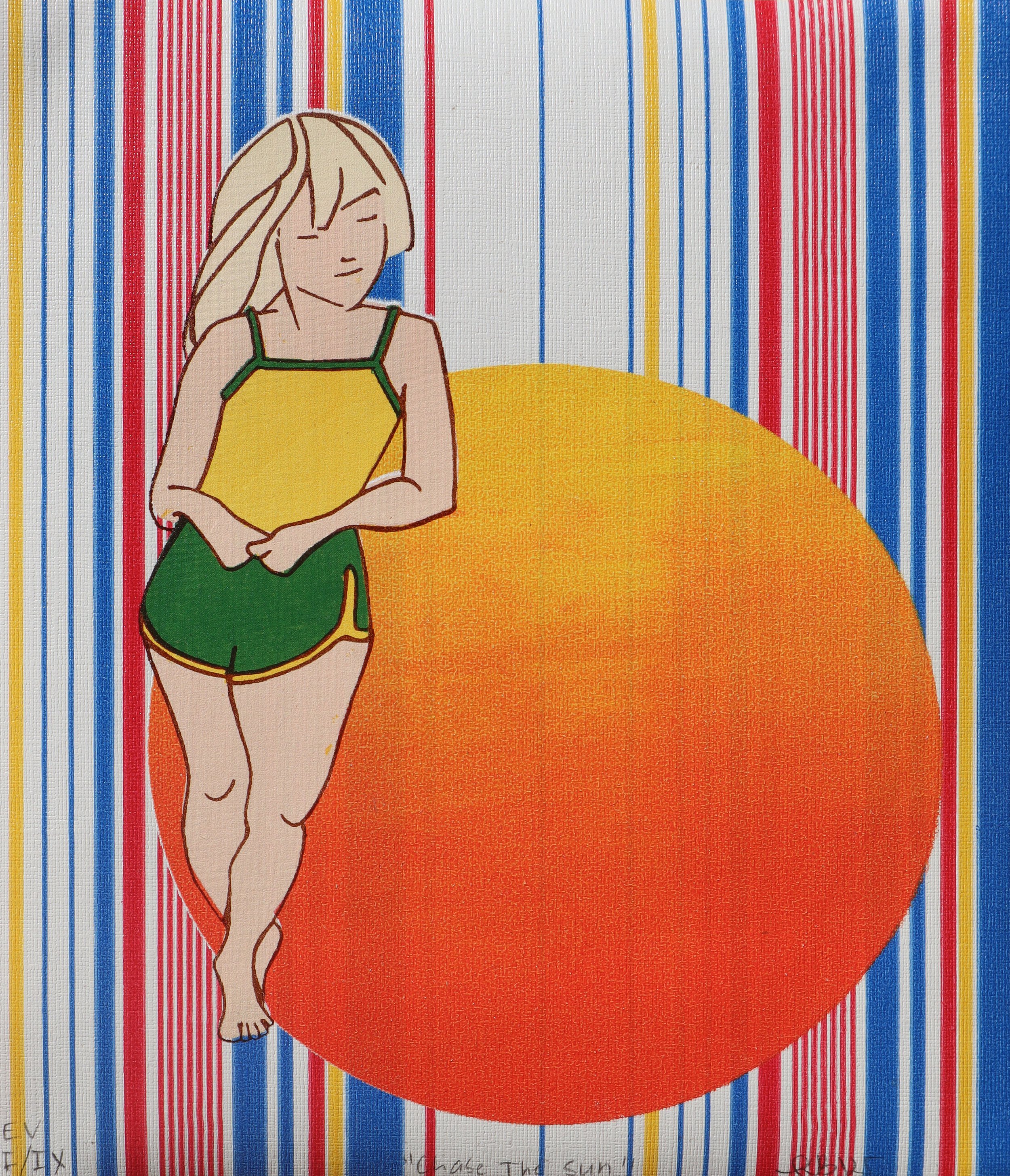 "Chase the Sun "  (Stripes) 2025 
Silk Screen Print on wallpaper 
21 x 25 cm
Edition Variation of 9
