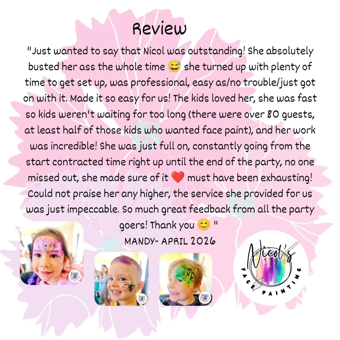 So grateful for beautiful feedback like this, it truly made my week 🥹💖
If you&rsquo;re planning a birthday party, event or special celebration and want face painting, send me a message ☺️ #PapamoaMums #papamoabeach #PapamoaFacePainter #taurangaFace