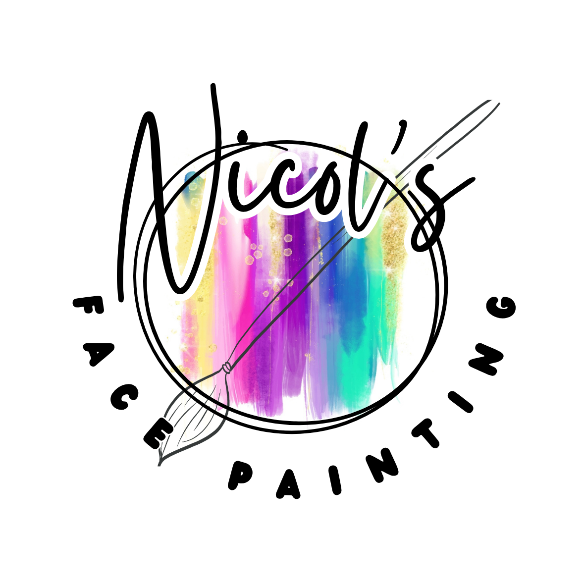 Logo for Nicol's Face Painting featuring a colorful background with rainbow streaks, a black circle outline, a paintbrush, and stylized text.