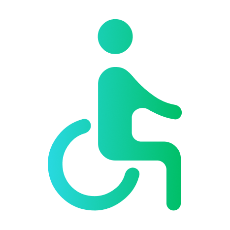 Digital icon of a person in a wheelchair, in shades of blue and green.