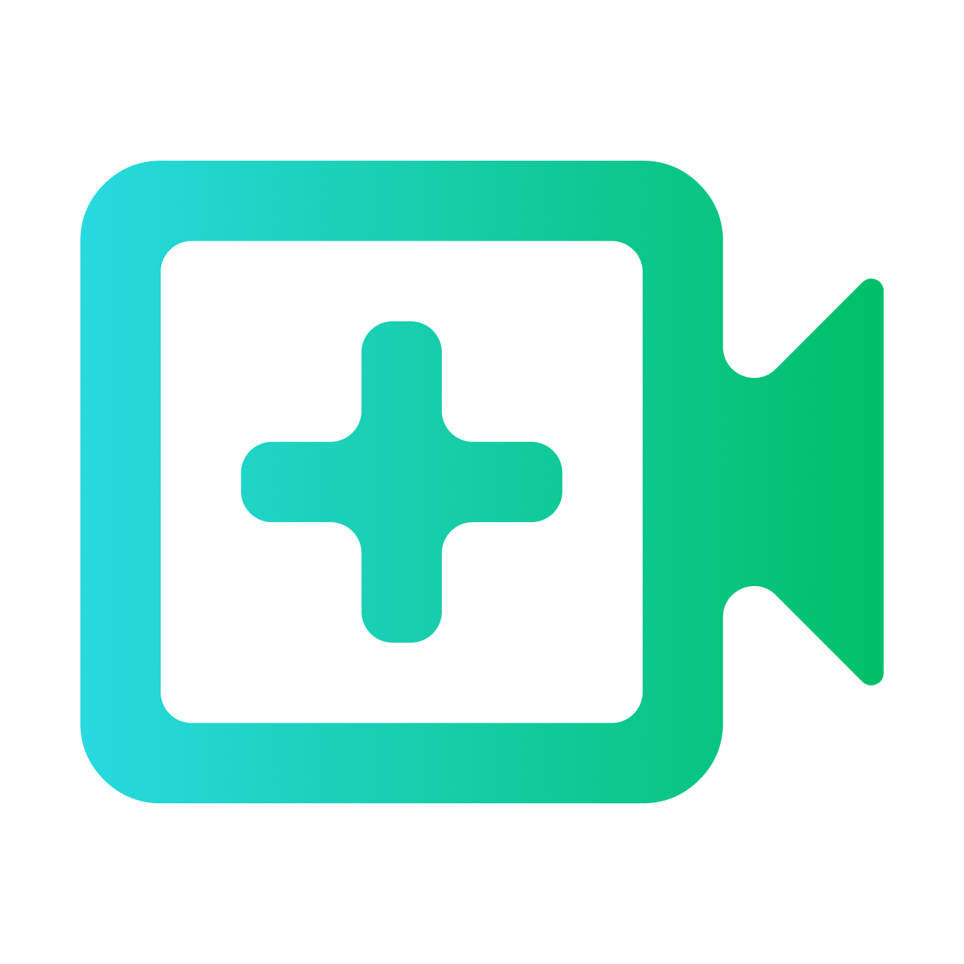 Digital icon of a video camera in various shades of blue and green.