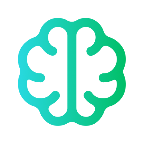 Digital icon, stylized, gradient-colored brain.