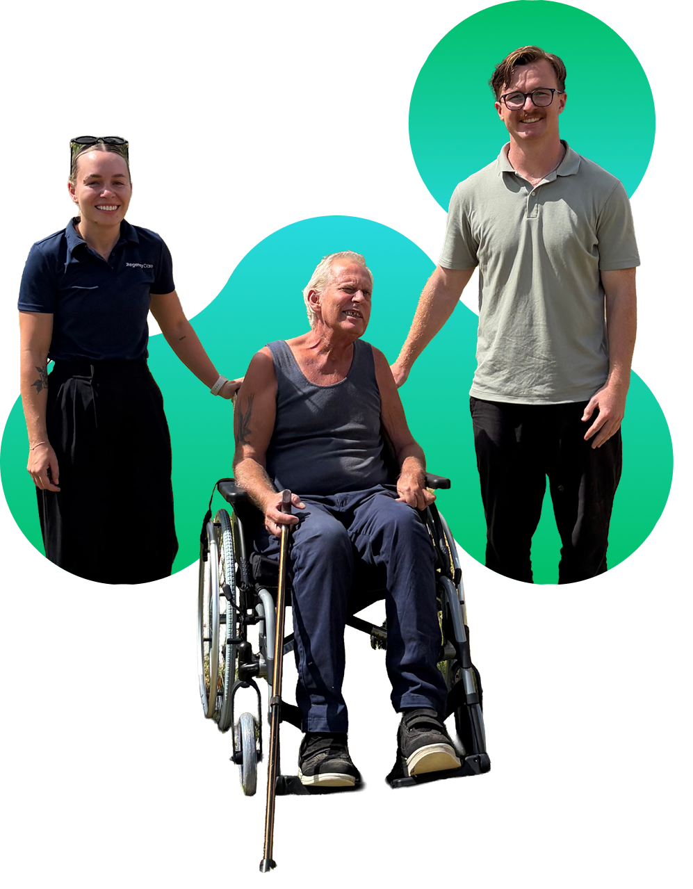 Three people with a person in a wheelchair in the middle, smiling outside against a vibrant green and teal background. The woman on the left wears sunglasses on her head and a navy polo shirt, and the young man on the right wears glasses and a light gray polo shirt.