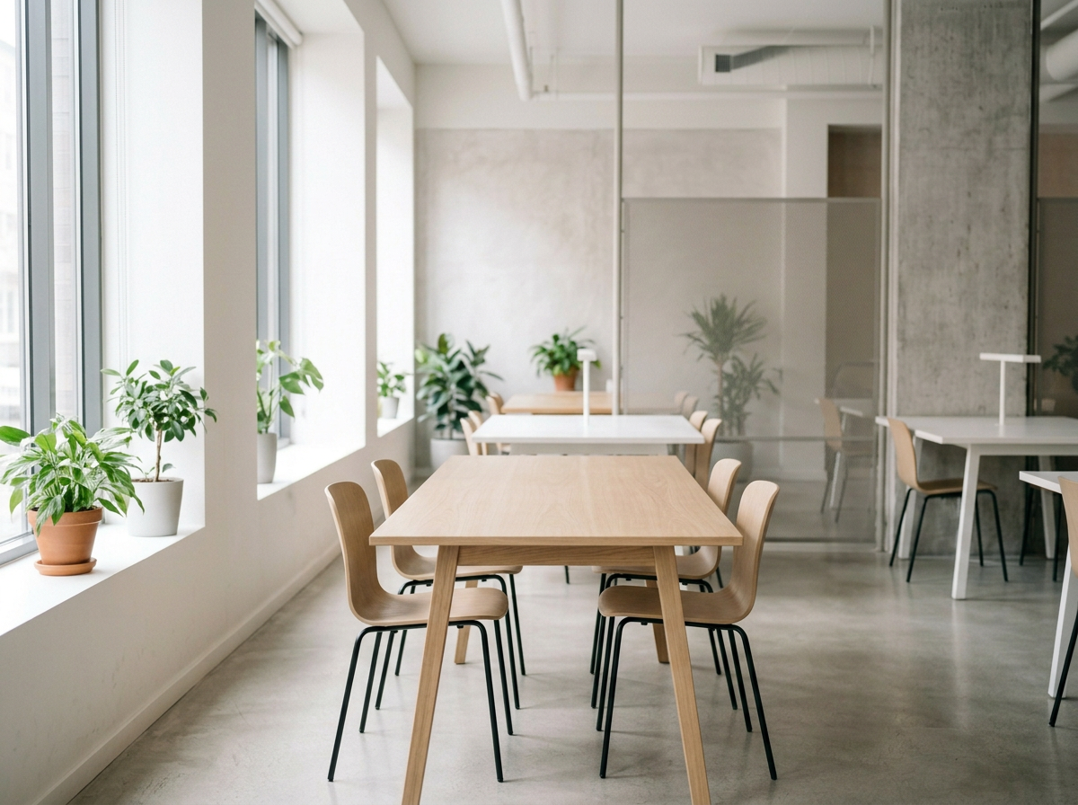 Bright, minimalistic coworking space with wooden tables, matching chairs, and potted plants by large windows.