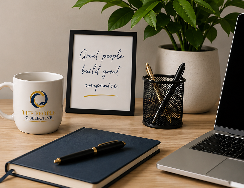 A desk with a white mug labeled 'The People Collective,' a framed quote 'Great people build great companies,' a notebook with a pen on top, a laptop, a pen holder with pens, and a potted plant.