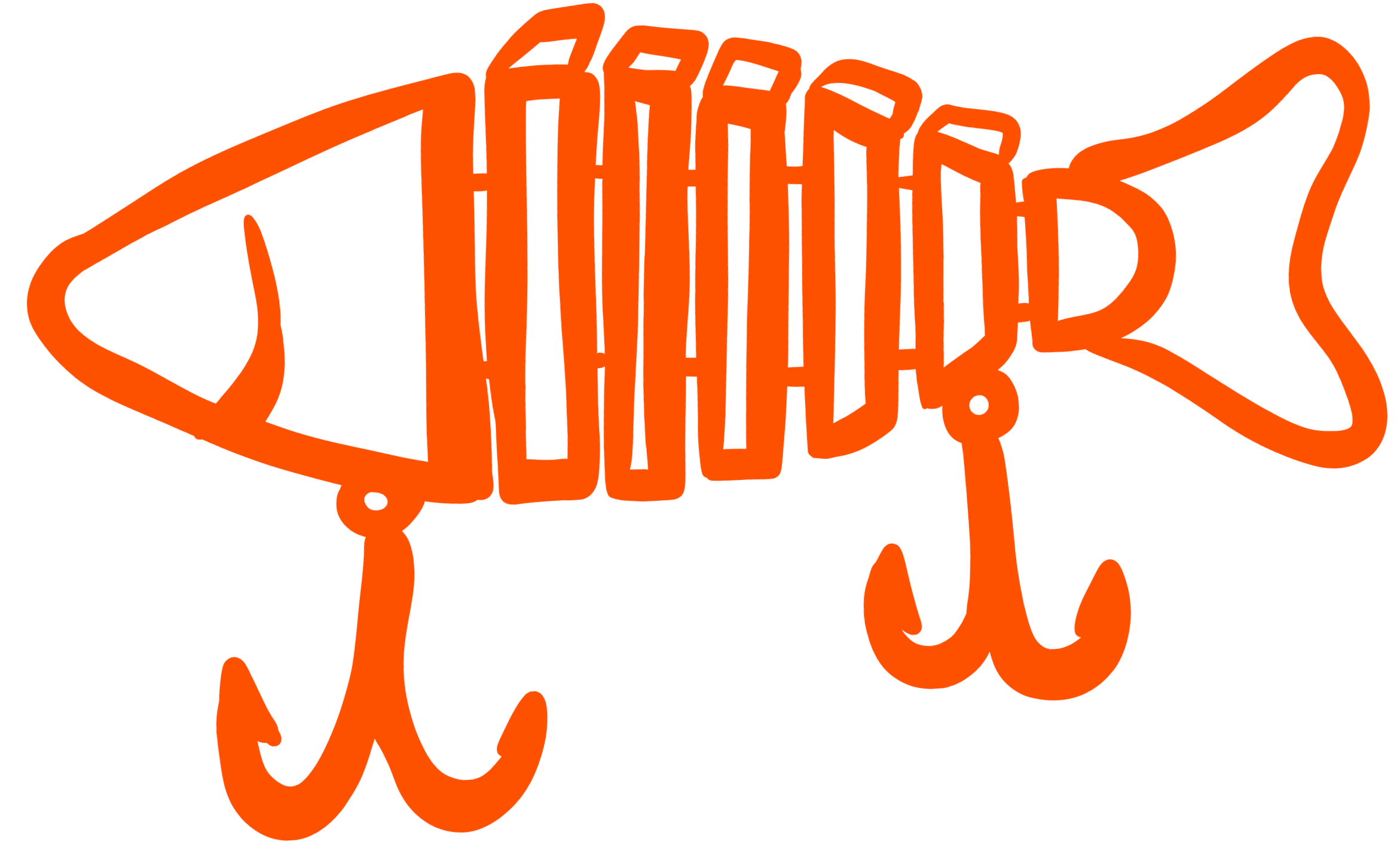 Playful fish skeleton illustration in orange used for Dilly Dahle Custom Rods branding graphics.