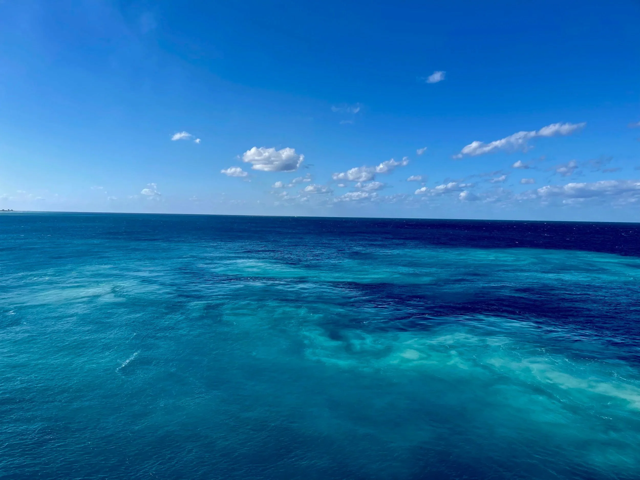 A clear blue ocean with the horizon, and a partly cloudy sky with small fluffy clouds.
