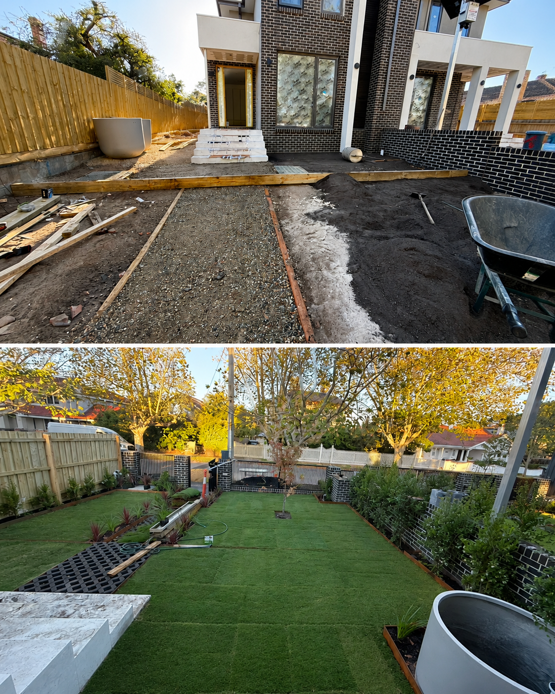 Before and after backyard transformation by Landscaping By Mario — from bare dirt and construction to a lush green lawn with landscaped garden beds and timber fencing. New home landscaping and complete yard makeovers servicing Whitehorse, Manningham.