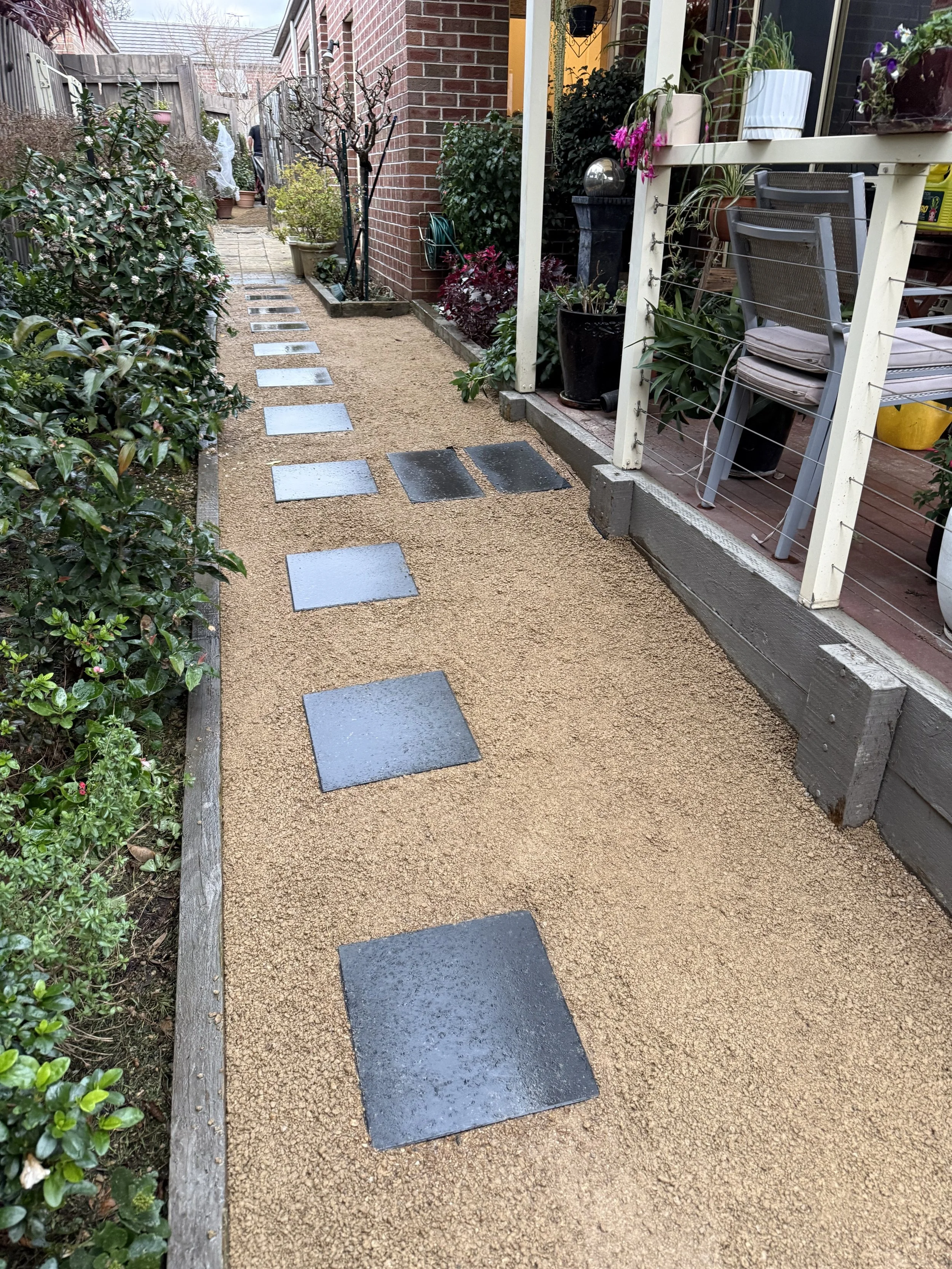 Finished stepping stone and crushed rock path beside a deck in Ferntree Gully