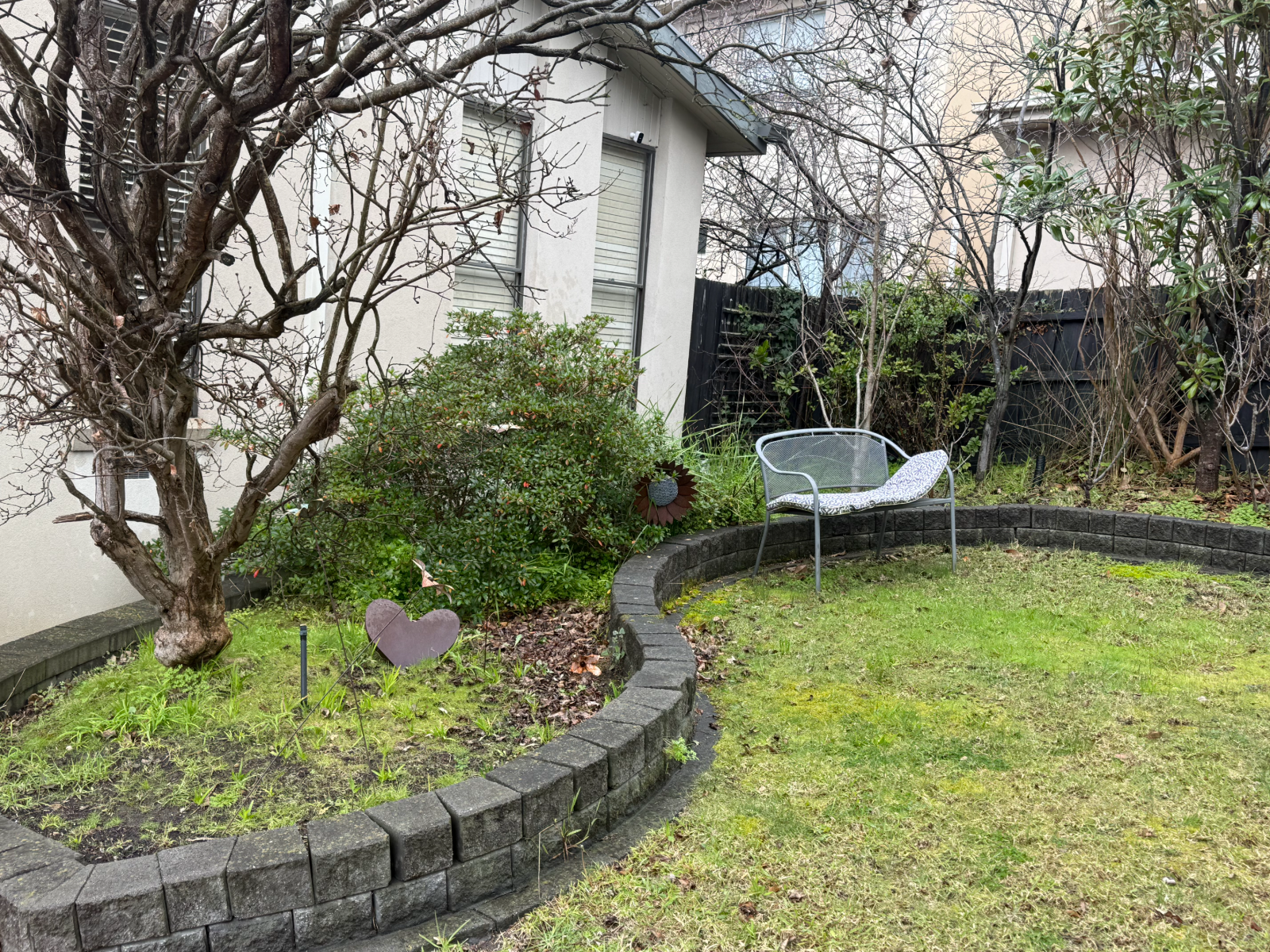 Overgrown front yard with mossy lawn and bare beds before a Vermont South clean-up